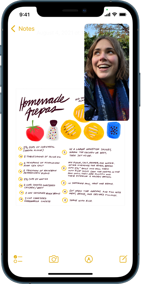 A screen that shows a FaceTime conversation taking place while the Notes app fills the rest of the screen.