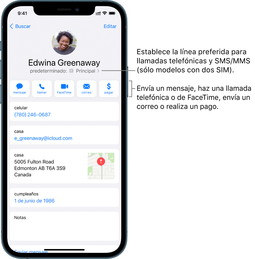 La pantalla de información de un contacto. En la parte superior se encuentra el nombre y la foto del contacto. Debajo se encuentran los botones para enviar un mensaje, realizar una llamada de teléfono, realizar una llamada de FaceTime, enviar un mensaje de correo y enviar dinero con Apple Pay. Debajo de los botones se encuentra la información de contacto.