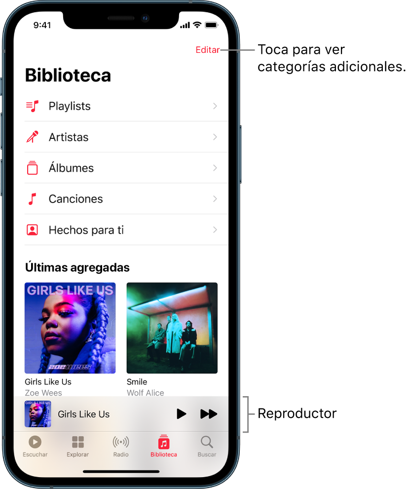 La pantalla Biblioteca mostrando una lista de categorías, incluyendo Playlists, Artistas, Álbumes y Canciones. Debajo de la lista aparece el encabezado "Agregadas recientemente". El reproductor mostrando el título de la canción actual y los botones Reproducir y Siguiente, que aparecen cerca de la parte inferior.