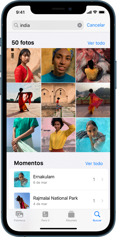 Pantalla Buscar con sugerencias de fotos tras introducir la palabra “India” en el campo de búsqueda de la parte superior de la pantalla.