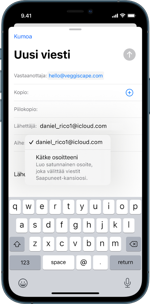 Sähköpostiluonnos, jota kirjoitetaan. Valittuna on Lähettäjä-kenttä, jonka alla on kaksi vaihtoehtoa: oma sähköpostiosoite ja Kätke osoitteeni.