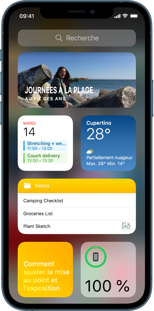 Des widgets dans la galerie de widgets de l’iPhone, notamment Photos, Calendrier et Météo.