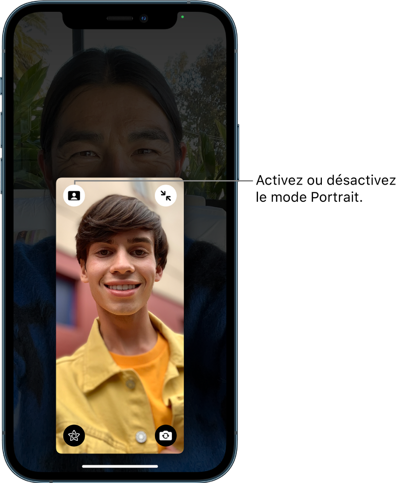 Un appel FaceTime avec la vignette du correspondant agrandie et un bouton dans le coin supérieur gauche de la vignette permettant d’activer ou de désactiver le mode Portrait.