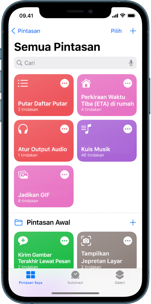 Tab Pintasan Saya. Daftar pintasan untuk melengkapi tugas harian umum seperti mengatur timer teh dan menemukan restoran sushi. Di bagian bawah terdapat tab Automasi dan Galeri.