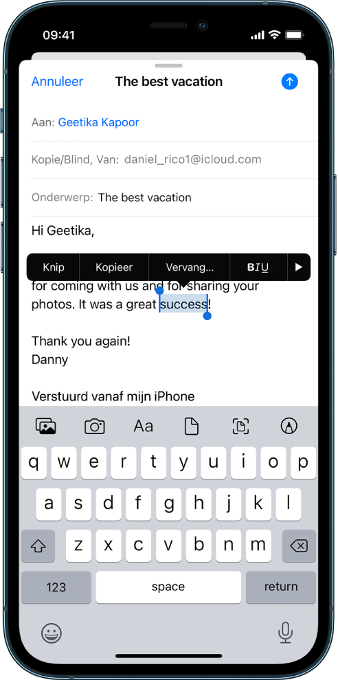 Voorbeeld van een e-mailbericht waarin een stukje tekst is geselecteerd. Boven de geselecteerde tekst zie je knoppen voor knippen, kopiëren, plakken en vervangen. De geselecteerde tekst wordt gemarkeerd, met grepen aan beide uiteinden.