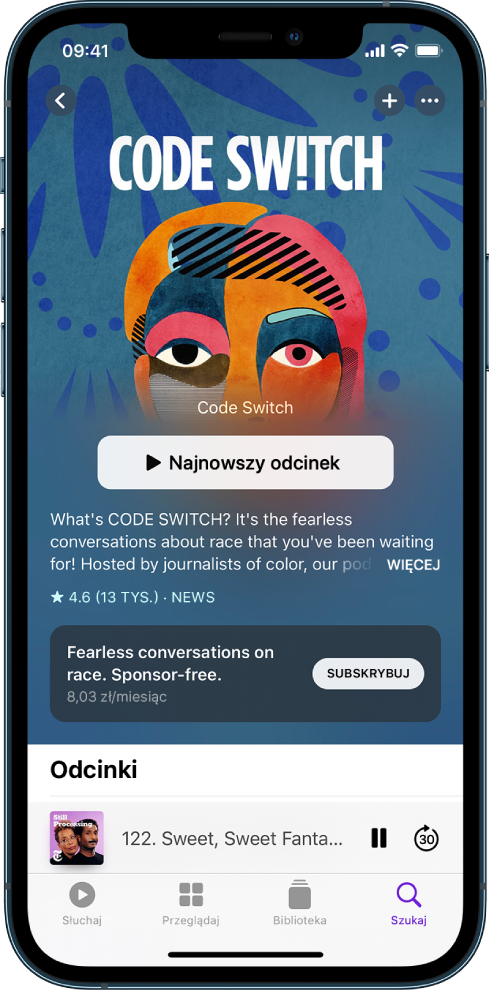 Ekran Słuchaj, na którym widoczny jest podcast z opcją subskrypcji.