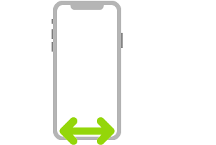 Ilustração do iPhone. Uma seta com duas pontas indica o passar de dedo à esquerda ou à direita ao longo da borda inferior da tela.