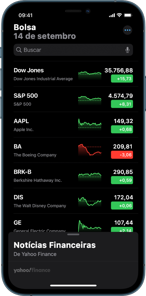Uma lista de ações mostrando uma lista de ações diferentes. Cada ação na lista mostra, da direita para a esquerda, o símbolo e o nome da ação, um gráfico de desempenho, o preço da ação e as alterações de preço. Na parte superior da tela, acima da lista de ações, está o campo de busca. Abaixo da lista de ações, estão as notícias de negócios. Passe o dedo para cima nas notícias de negócios para visualizar os artigos.