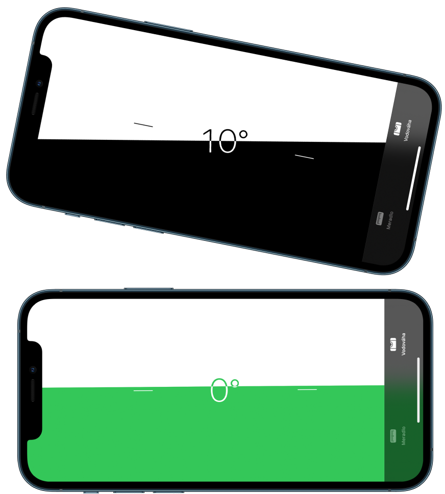 Obrazovka vodováhy. Hore je iPhone naklonený pod uhlom desiatich stupňov; dole je iPhone vo vodorovnej polohe.