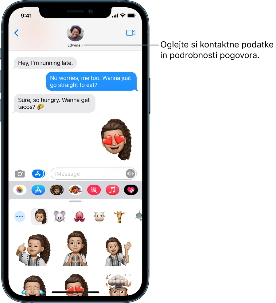 Pogovor v aplikaciji Messages. Na vrhu sta od leve proti desni gumb Back in fotografija osebe, ki ji pošiljate sporočilo. V sredini so poslana in prejeta sporočila v okviru pogovora. Na dnu so od leve proti desni gumbi Photos, Stores, Apple Pay, Memoji, Hashtag Images, Music in Digital Touch.