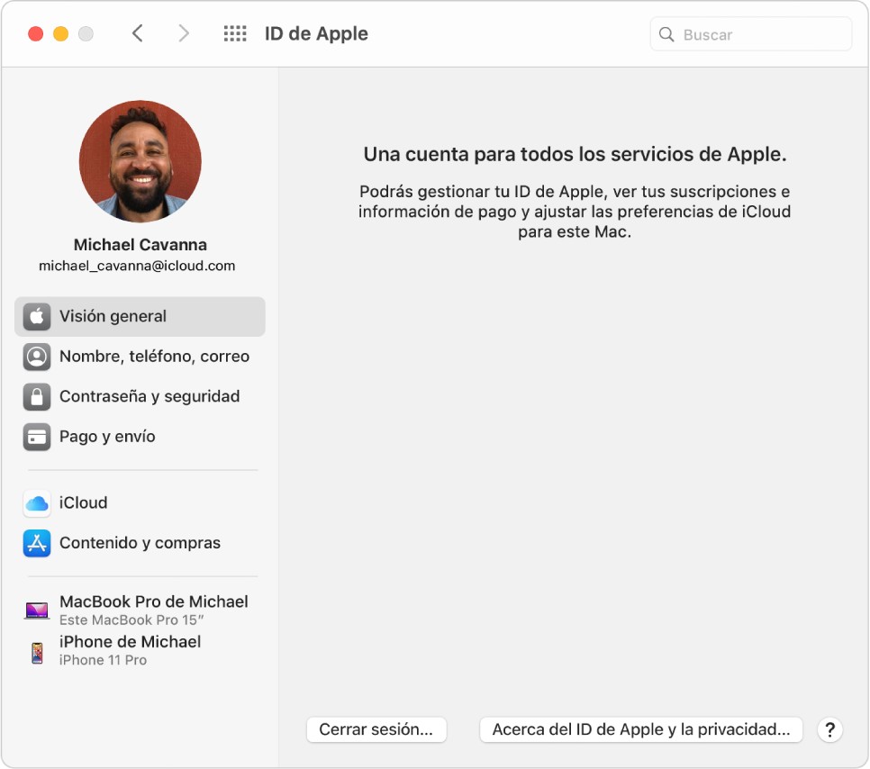 Preferencias del ID de Apple con una barra lateral que incluye distintos tipos de opciones de cuenta que puedes usar y las preferencias de “Visión general” de una cuenta existente.