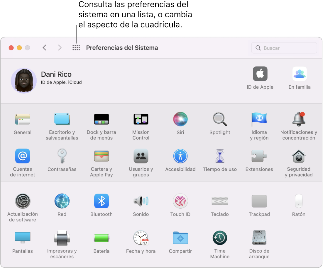 La ventana de Preferencias del Sistema en la que se muestra la cuadrícula de iconos. Haz clic en el botón “Mostrar todo” de la barra de herramientas de la ventana para mostrar las preferencias del sistema a modo de lista o para cambiar cómo se muestra la cuadrícula.