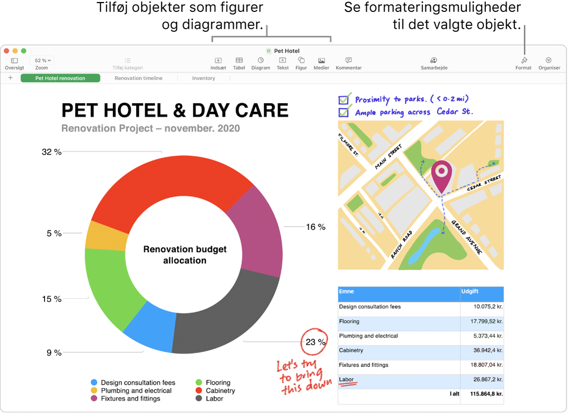 Et Numbers-vindue med værktøjslinjen og dens redigeringsværktøjer øverst, knappen Samarbejd øverst til højre og knapperne Format og Organiser til højre.