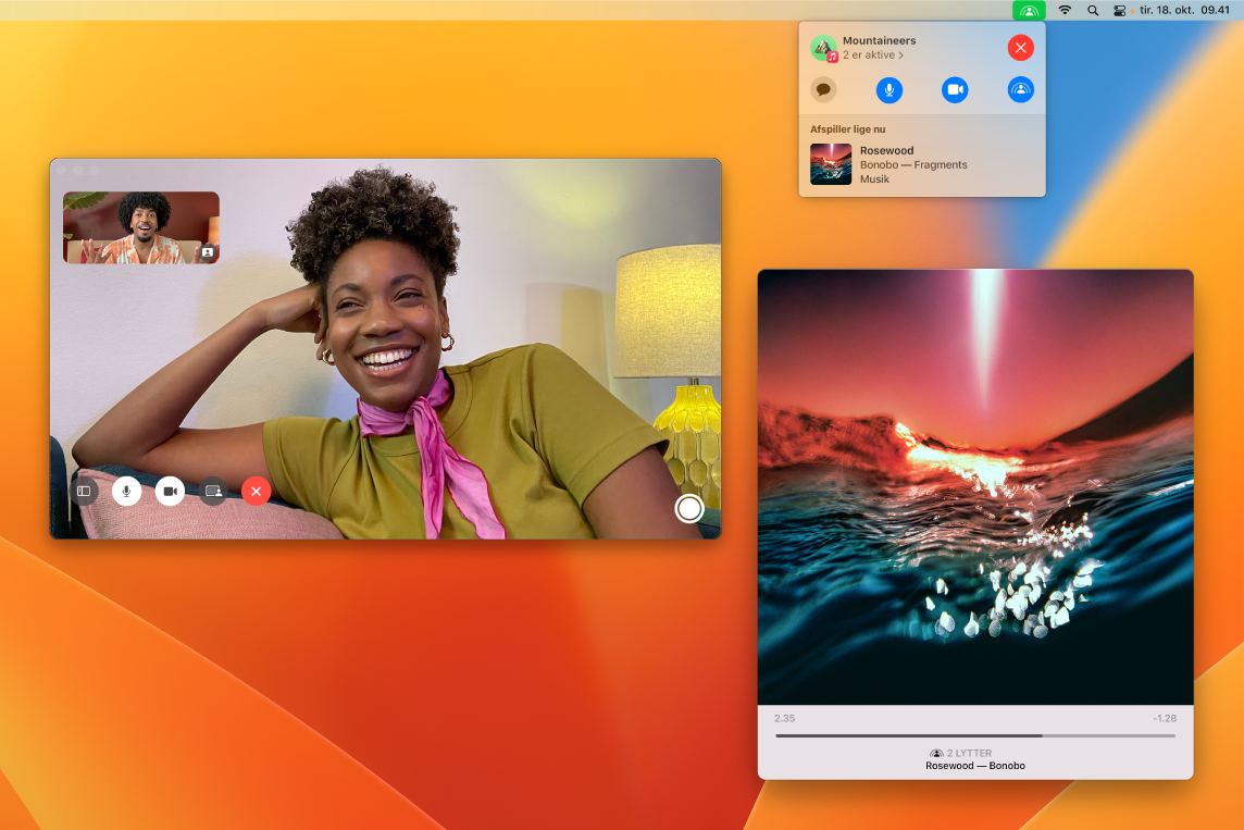 En delt lytteoplevelse med lytterne i FaceTime-vinduet og et vindue i appen Musik, der afspiller en sang.