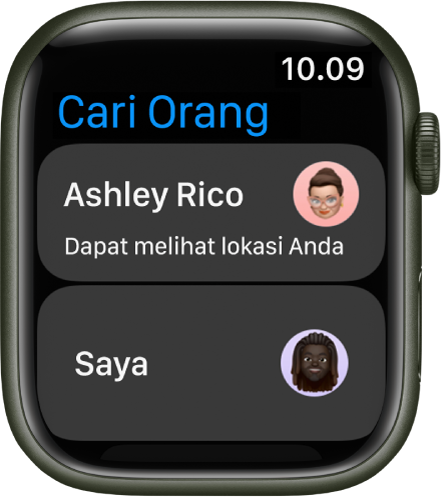Layar menampilkan dua entri—satu untuk Anda dan satu lagi untuk orang yang telah Anda bagikan lokasi bersama.