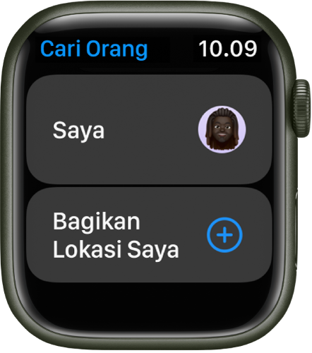 App Cari Orang menampilkan entri untuk Anda dan tombol Bagikan Lokasi Saya.