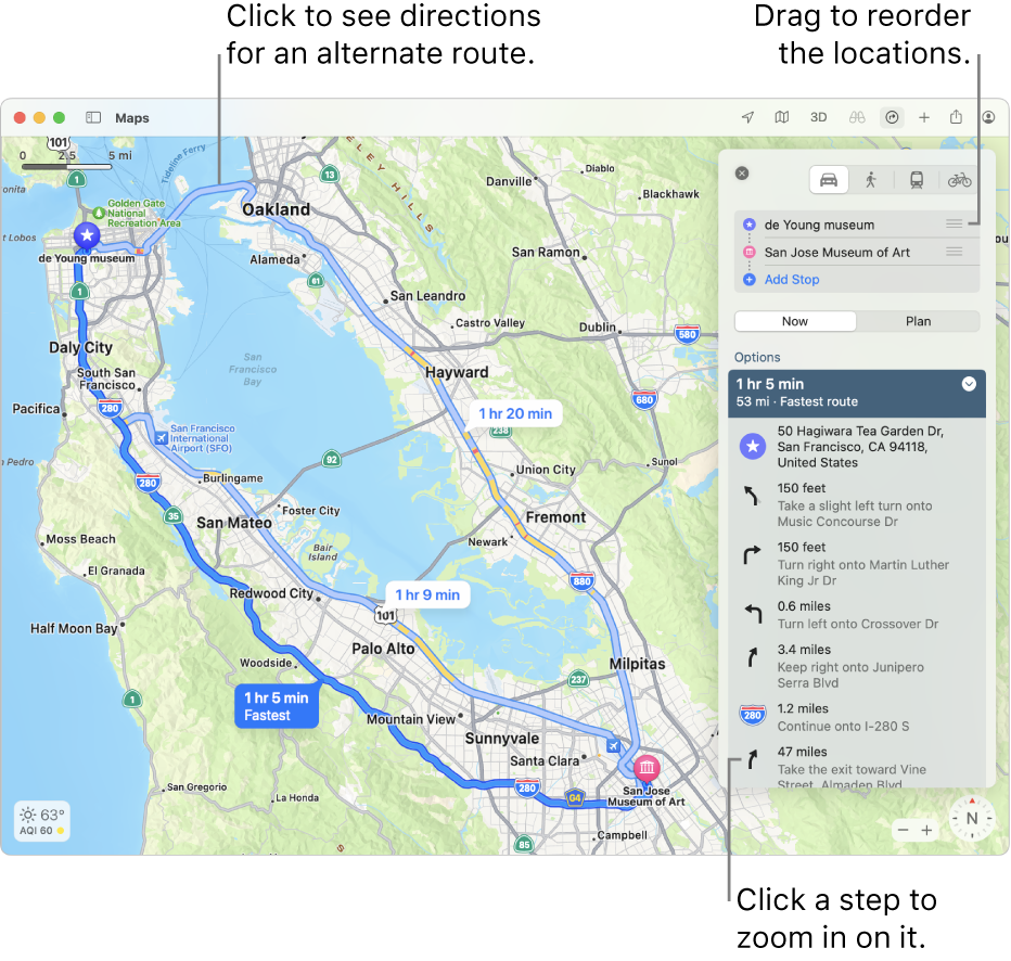 A map of San Francisco with directions for a bicycle route, including elevation and traffic.