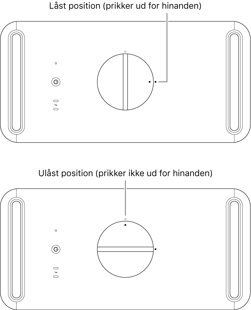 Oversiden af computerens kabinet med låsen i låst og ulåst position.