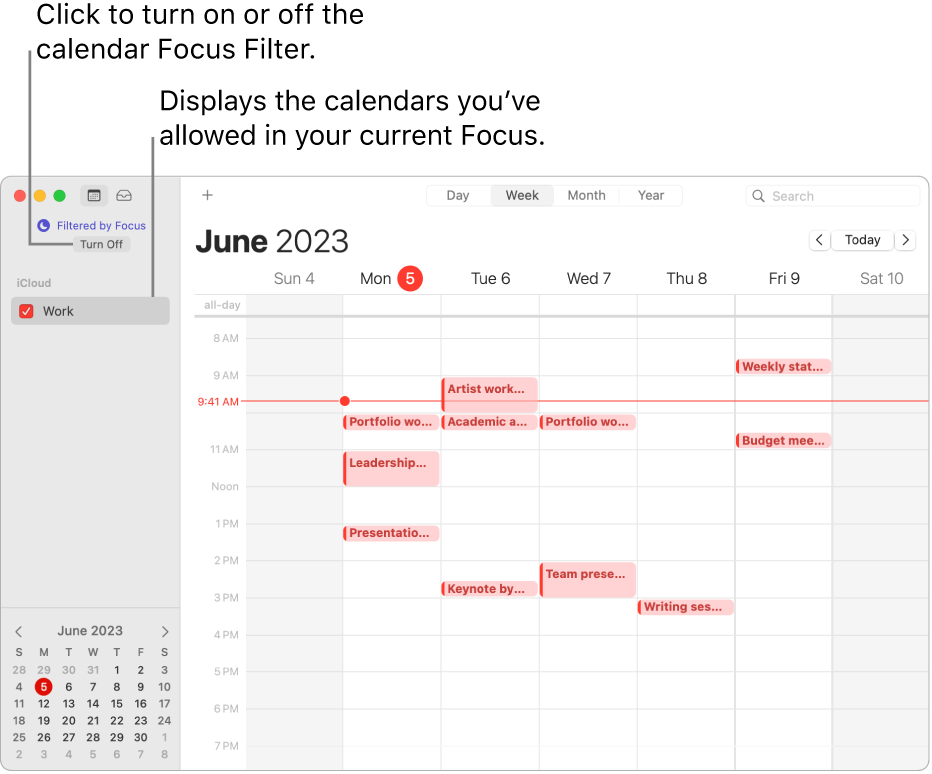 A Calendar window in Week view showing only the Work calendar in the sidebar after the Work Focus has been turned on.