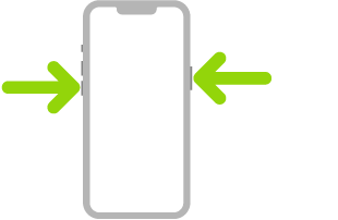 رسم توضيحي للـ iPhone مع أسهم تشير إلى الزر الجانبي في أعلى الجزء الأيمن وأحد زري مستوى الصوت في أعلى اليسار.