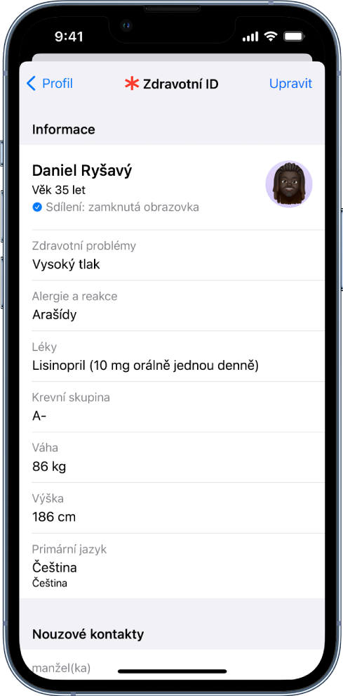 Obrazovka Zdravotní ID se základními informacemi o datu narození, zdravotním stavu, užívaných lécích a nouzovém kontaktu