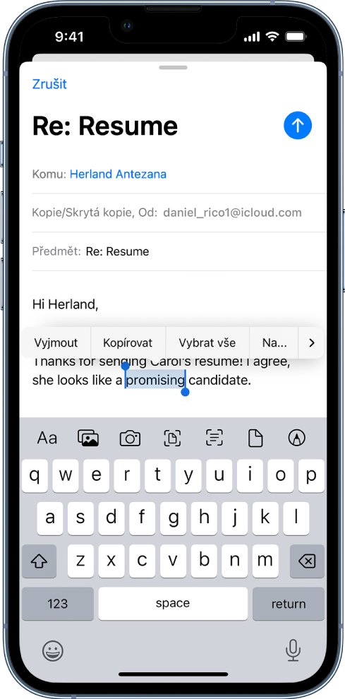 Ukázka e‑mailové zprávy, v níž je vybrána část textu. Nad vybraným textem se objevila tlačítka Vyjmout, Kopírovat, Vložit a Nahradit. Vybraný text je zvýrazněný a na obou koncích má úchyty.