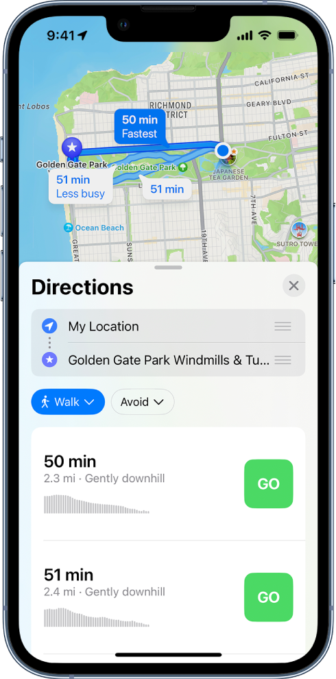 A map showing two walking routes. The route card at the bottom provides details for the routes, including estimated travel times and elevation changes. A Go button appears next to each route description.