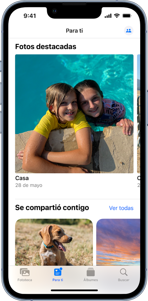 En la app Fotos, la pantalla Para ti mostrando las colecciones de fotos de Se compartió contigo.