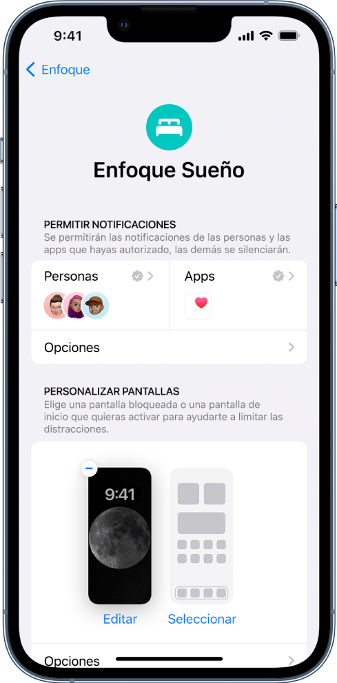 La pantalla del enfoque Sueño mostrando que tres personas y una app tienen permitido enviar notificaciones.