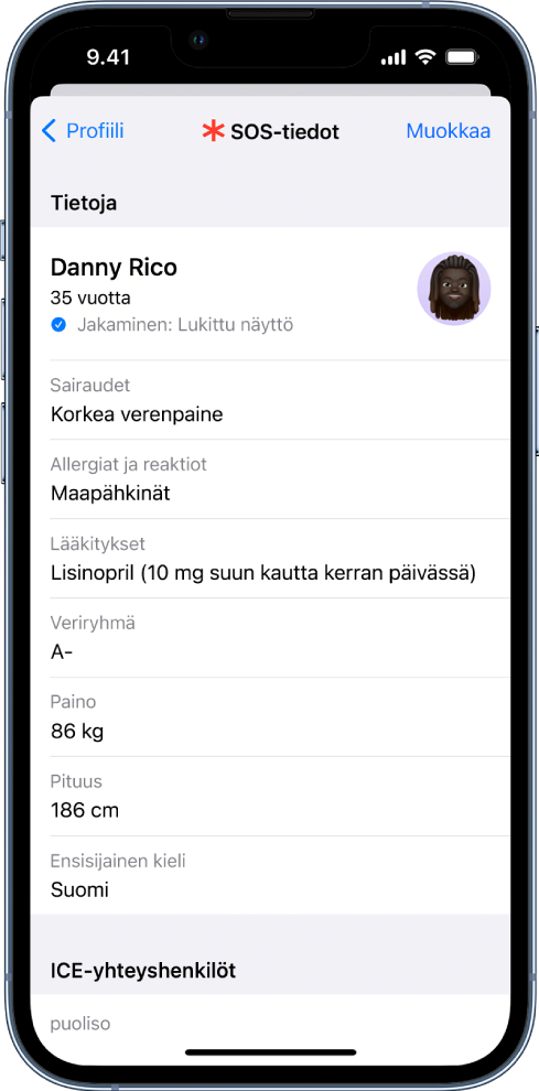 SOS-tietojen näyttö, jossa kerrotaan muun muassa syntymäaika, sairaudet, lääkitykset ja ICE-yhteyshenkilö.