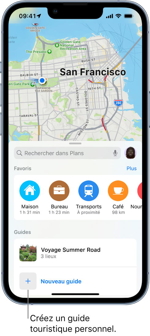 Une fiche de recherche dans Plans avec le bouton « Nouveau guide » en bas.