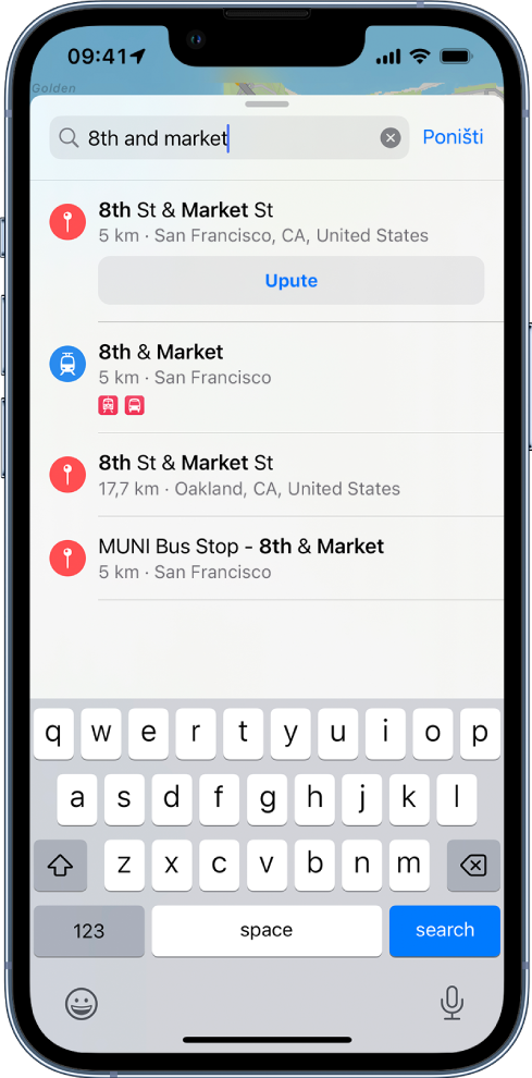 Kartica za pretraživanje koja prikazuje pretraživanje za frazu “8th and Market” i nekoliko rezultata.
