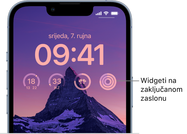 Prilagođeni zaključani zaslon prikazuje fotografiju Half Domea u pozadini, s widgetima na vrhu fotografije Foto za temperaturu, indeks kvalitete zraka, razinu baterije slušalica AirPods i kolutove fitnessa.