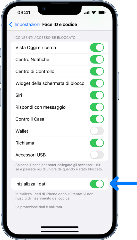 L'opzione “Inizializza i dati”, nella parte inferiore della schermata “Face ID e codice” in Impostazioni.