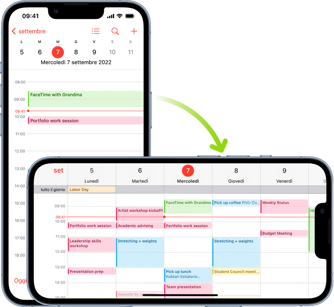 Sullo sfondo, iPhone mostra una schermata di Calendario, con gli eventi di un giorno mostrati in orientamento verticale; in primo piano, iPhone è ruotato in orientamento orizzontale e mostra gli eventi di Calendario per l'intera settimana contenente tale giorno.