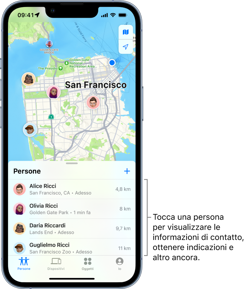 La schermata di Dov'è aperta sull'elenco Persone. Nell'elenco sono visibili quattro persone: Alice Ricci, Olivia Ricci, Daria Riccardi e Guglielmo Ricci. Le loro posizioni sono mostrate su una mappa di San Francisco.