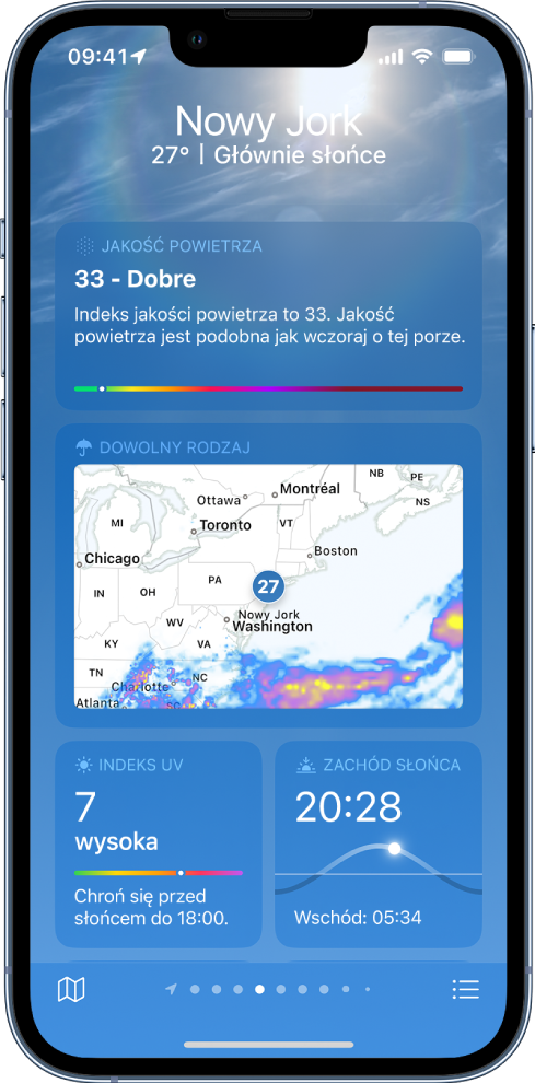 Ekran aplikacji Pogoda. Na górze widoczna jest nazwa miejsca oraz bieżąca temperatura i warunki pogodowe. Poniżej widoczne są szczegóły dotyczące pogody, takie jak jakość powietrza, opady, indeks UV oraz zachód słońca.