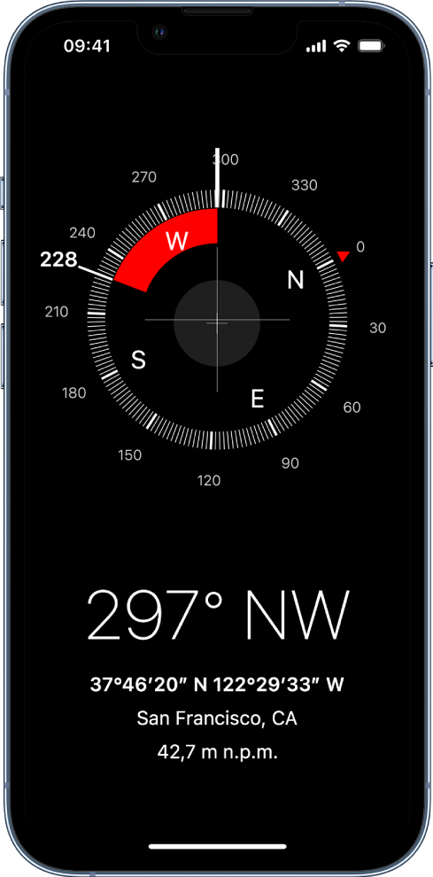 Aplikacja Kompas pokazująca kierunek, w którym iPhone jest skierowany, Twoje bieżące położenie i wysokość nad poziomem morza.