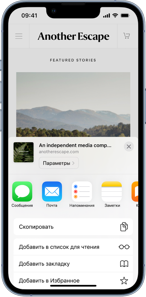 В приложении Safari на веб-сайте выбрана кнопка «Поделиться» и показаны приложения, с помощью которых можно поделиться ссылкой. Под значками приложений расположен список других параметров, в том числе «Скопировать», «Добавить в список для чтения», «Добавить закладку» и «Добавить в Избранное».