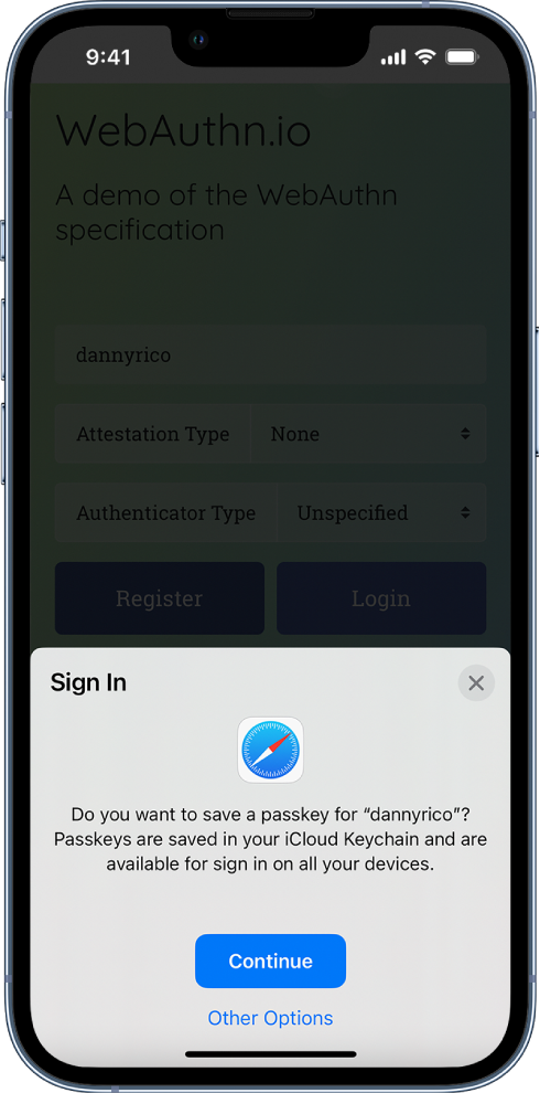 Gjysma e poshtme e ekranit të iPhone jep mundësinë e përdorimit të çelësave të kalimit për t'u identifikuar në një sajt uebi. Ai ka një buton Continue për të ruajtur një çelës kalimi dhe një buton Other Options.