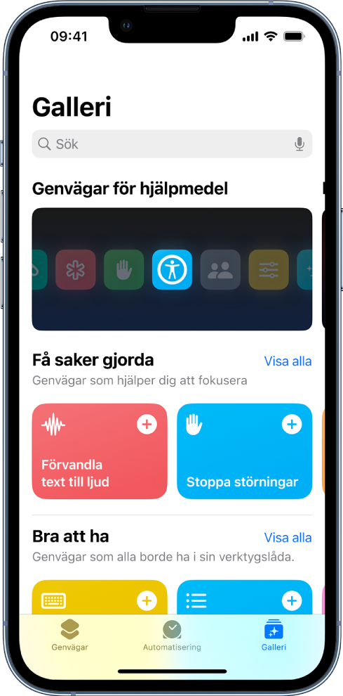 Skärmen med genvägsgalleriet med en lista med genvägar för att slutföra vanliga uppgifter som att omvandla text till ljud och stoppa distraktioner. Längst ned finns flikarna Genvägar, Automatisering och Galleri.