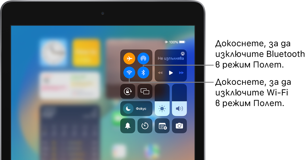 Контролен център с включен режим Полет. Бутоните за включване на Wi-Fi и Bluetooth са близо до горния ляв ъгъл на Контролен център.
