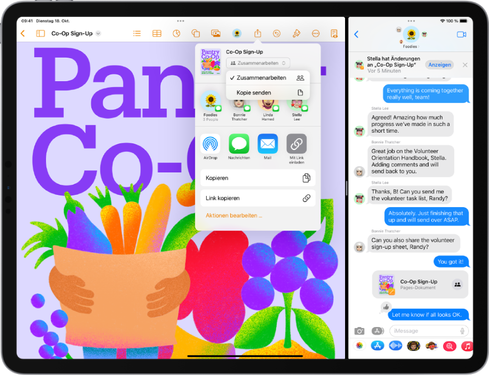 Auf der linken Seite wird ein Pages-Dokument mit einer Gruppe geteilt. Rechts befindet sich eine Gruppenkonversation in der App „Nachrichten“ einschließlich Updates oben rechts auf dem Bildschirm und einer Einladung zur Zusammenarbeit an der Konversation.