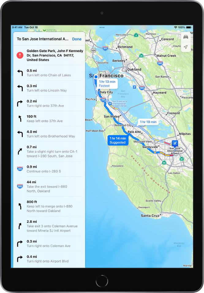 Turn-by-turn directions and a map showing two driving routes from Golden Gate Park to the San Jose International Airport. The suggested route is selected.