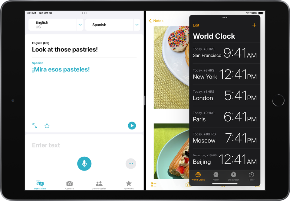 The Translate app is open on the left side of the screen, Notes is open on the right, and Clock is open in a Slide Over window that partially covers Notes.