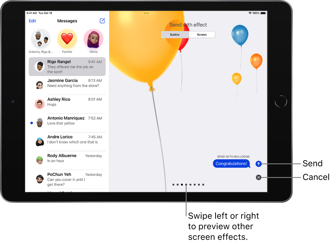 A message preview showing a full-screen effect with balloons.