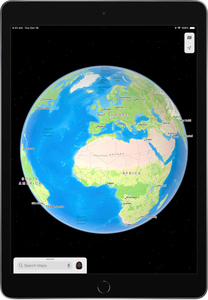 Earth represented as a globe with continents, cities, and oceans identified by name.