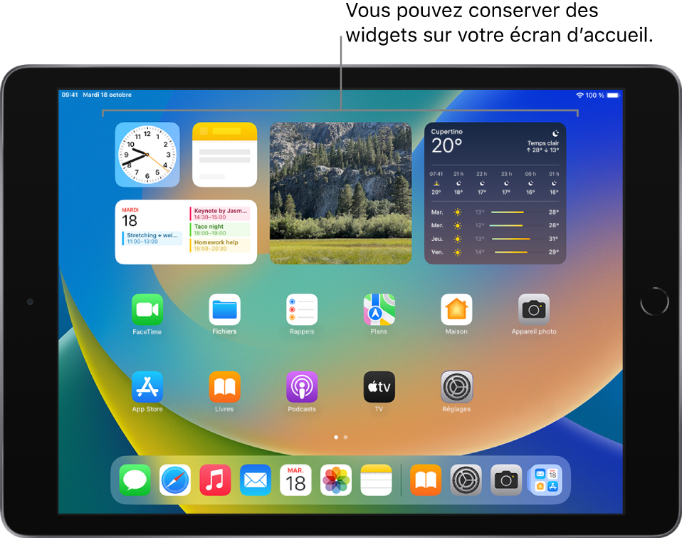 L’écran d’accueil avec des widgets, notamment Photos, Calendrier et Météo.