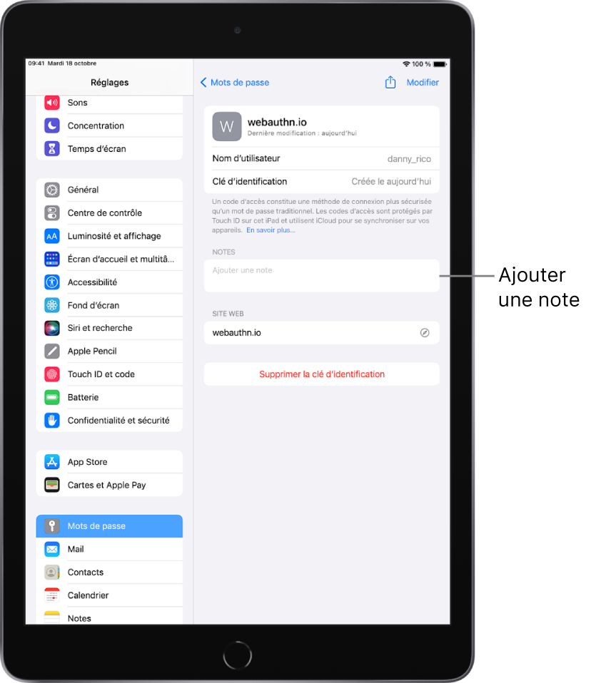Réglages « Mots de passe », affichant des informations pour une clé d’identification et un champ pour saisir une note.