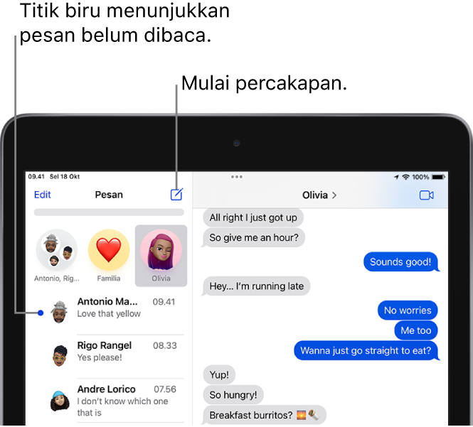 Daftar Pesan dengan tombol Edit ada di kiri atas dan tombol beralih ke FaceTime ada di kanan atas. Titik biru di sebelah kiri pesan menunjukkan pesan belum dibaca.